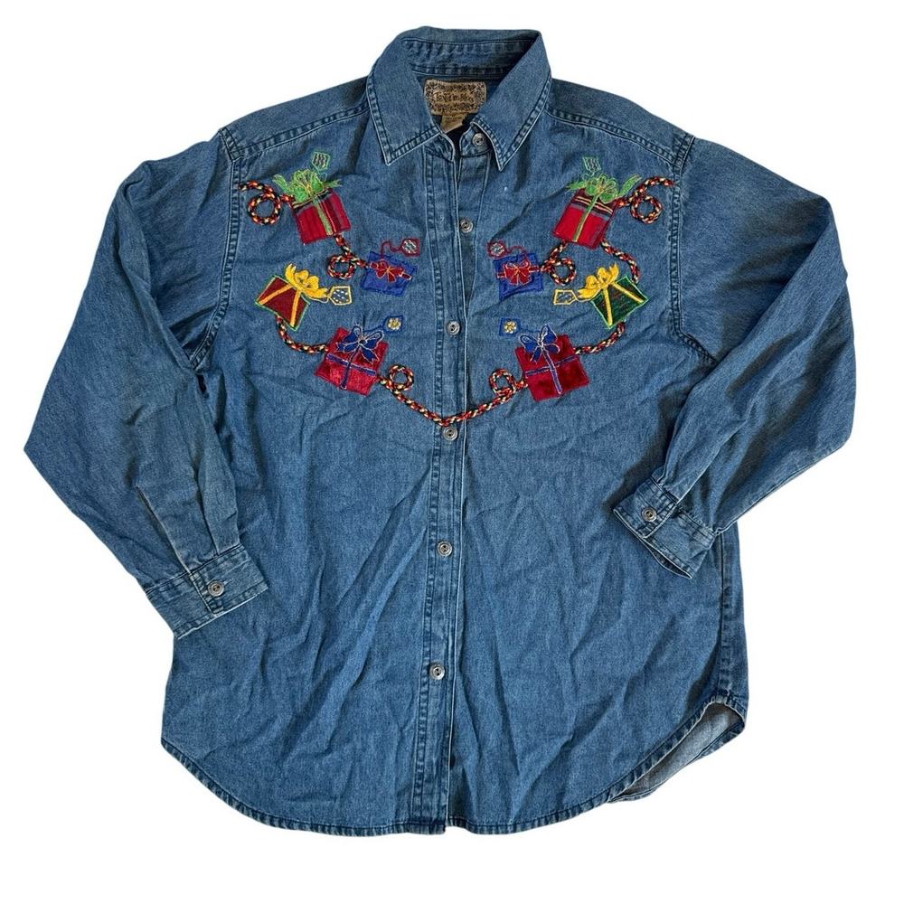 Tantrum Blues Holiday Embroidered Denim Button Down Denim Shirt.